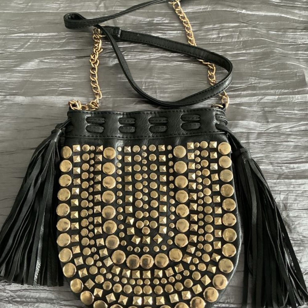 Black and Gold Studded Fringe Bag